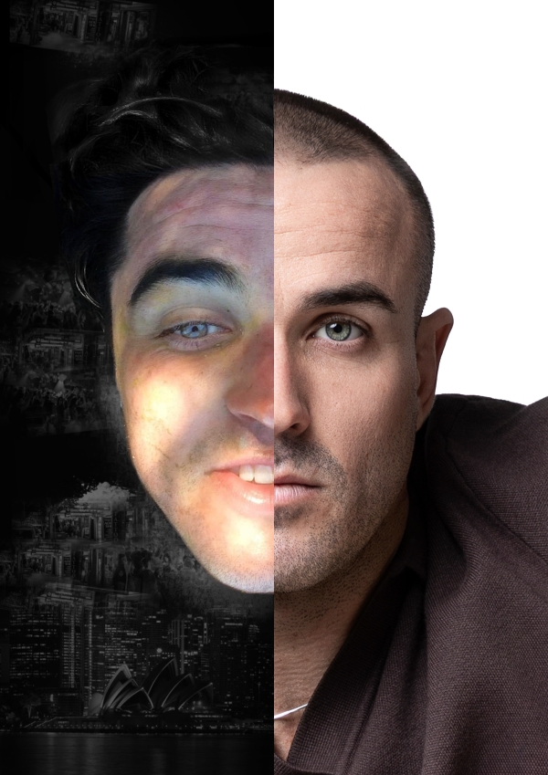 Davey Lloyd then and now, split portrait